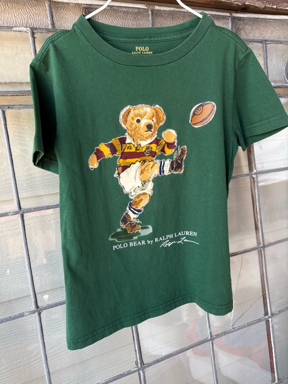 POLO RALPH LAUREN Shirt Boys Size 6 Green Polo Bear T-Shirt Football Sports